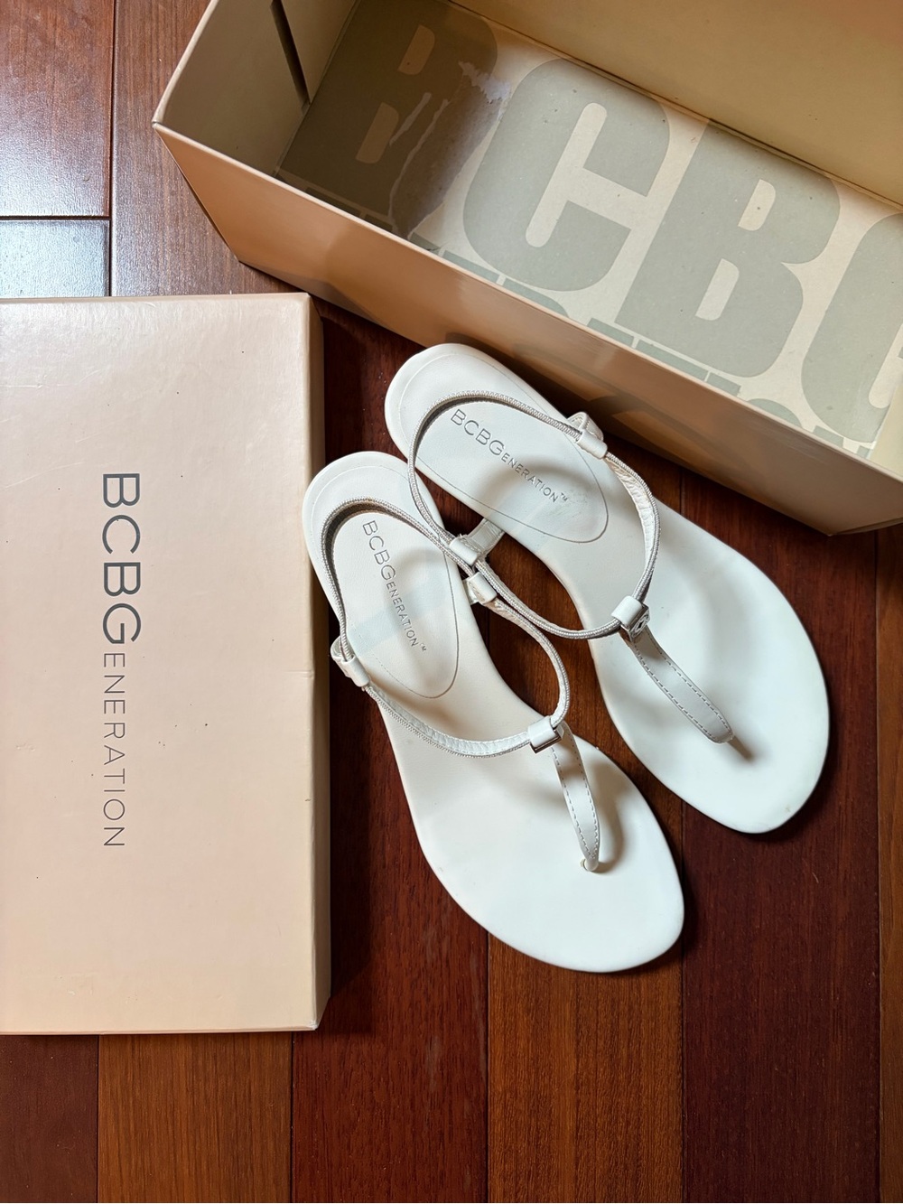 BCBGeneration White T-Strap Thong Low Wedge Sandals 6